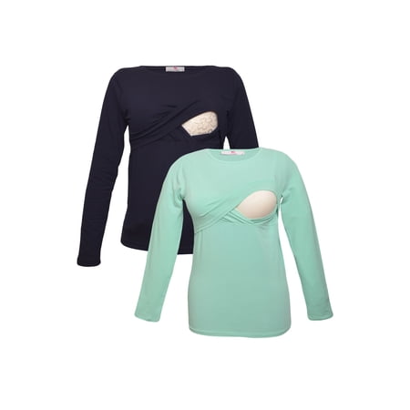 LVMA2700 - 2 Pack - Premium Soft Cotton - Women Long Sleeve Nursing Maternity T-Shirt - 2 Piece Set