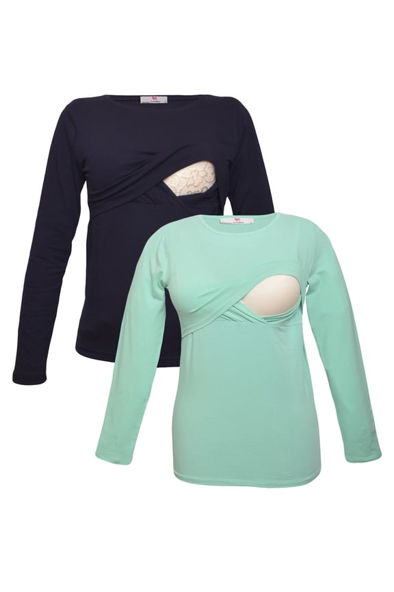 LVMA2700 - 2 Pack - Premium Soft Cotton - Women Long Sleeve Nursing Maternity T-Shirt - 2 Piece Set