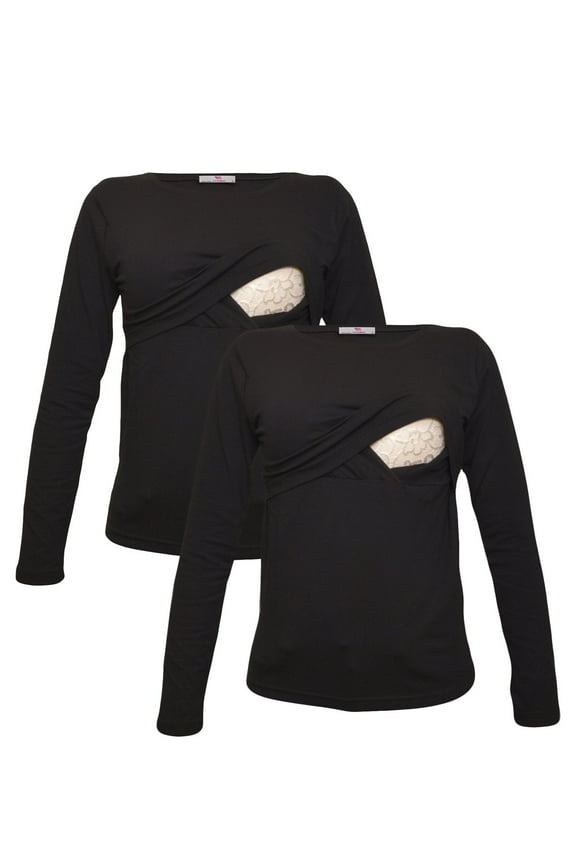 LVMA2700 - 2 Pack - Premium Soft Cotton - Women Long Sleeve Nursing Maternity T-Shirt - 2 Piece Set