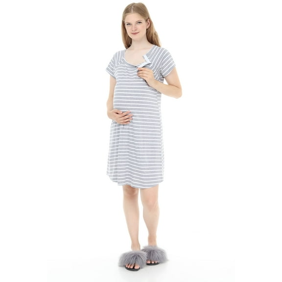 LVMA9580 - Women's Gray Stripped Maternity Nursing nightgown Soft Short-Sleeved Sleepwear