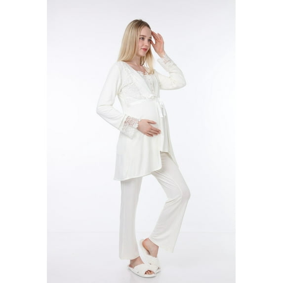 LVMA9640 - Women's Maternity Nursing Pajamas Hospital 3 Piece Set Soft Long-Sleeved Button Tops PJ Pants Sleepwear Set