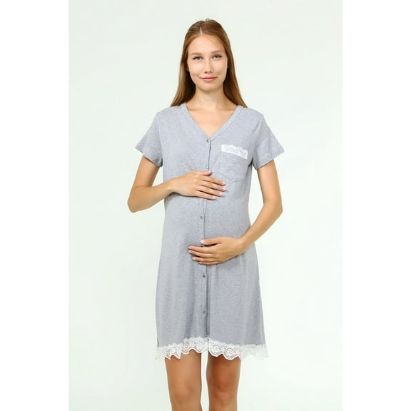 LVMA9720 - Women's Maternity Nursing Nightgown Soft short-Sleeved Button Tops with Lace Detail