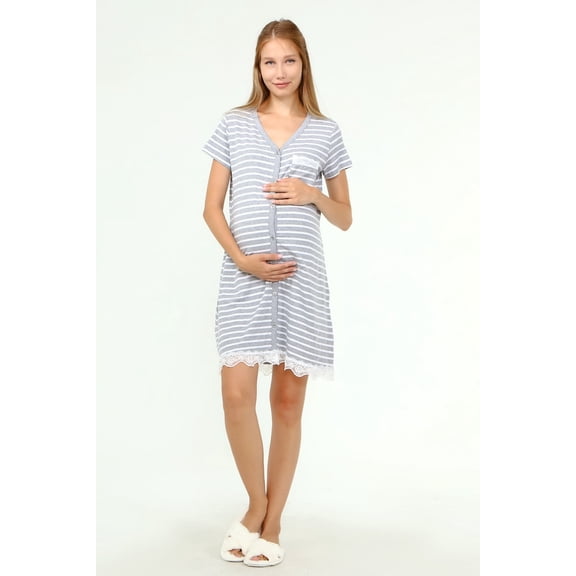 LVMA9720 - Women's Maternity Nursing Nightgown Soft short-Sleeved Button Tops with Lace Detail