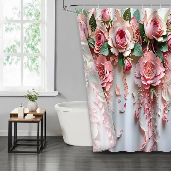 LVRLVR 1/4 3D Pink Paper Floral Fabric Shower Curtain Rug Set - Bohemian Flower Bath Mat Bathroom Decoration,Pink, 70.8" × 70.8"