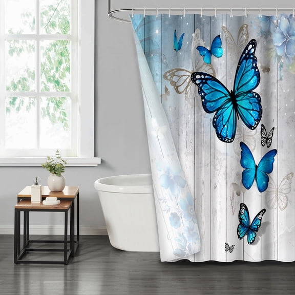 LVRLVR 1/4 Blue Butterfly & Floral Rustic Fabric Shower Curtain Rug Set - Bath Mat Bathroom Decoration,Blue, 70.8" × 70.8"