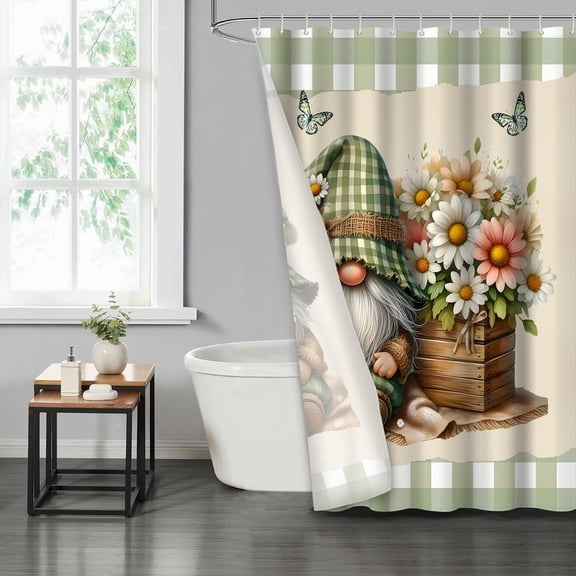LVRLVR 1/4 Charming Gnome & Gingham Floral Fabric Shower Curtain Rug Set - Cute Dwarf Bath Mat Bathroom Decoration,Green, 70.8" × 70.8"