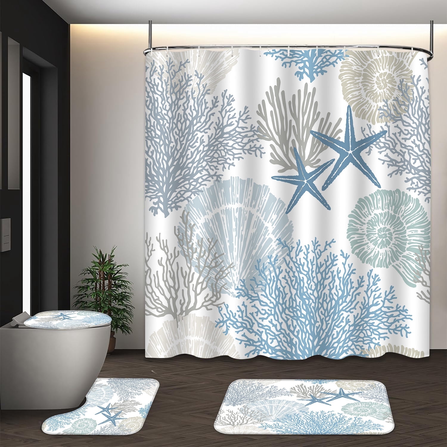 LVRLVR 1/4 Coastal Coral & Starfish Fabric Shower Curtain Rug Set