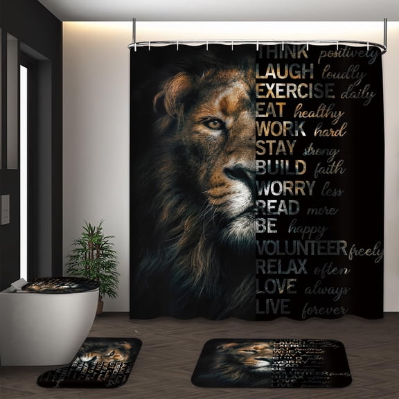 LVRLVR 1/4 Majestic Lion & Motivational Affirmation Fabric Shower Curtain Rug Set - Art of Words Bath Mat Bathroom Decoration,Black, 70.8" × 70.8"