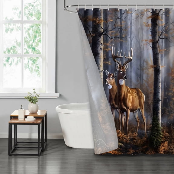 LVRLVR 1/4 Pcs Autumn Forest Deer Fabric Shower Curtain Rug Set - Bath Mat Bathroom Decoration,Brown, 70.8" × 70.8"