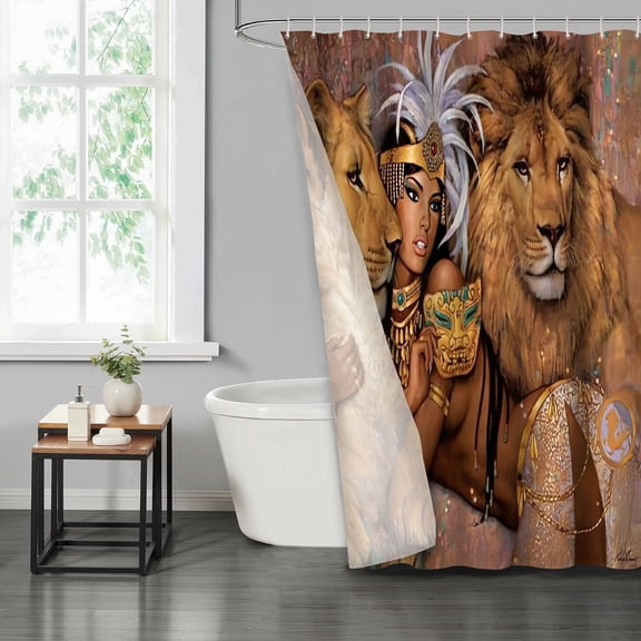 LVRLVR 1/4 Pcs Egyptian-Inspired Lion & Queen Fabric Shower Curtain Rug Set - Bath Mat Bathroom Decoration,Brown, 70.8" × 70.8"