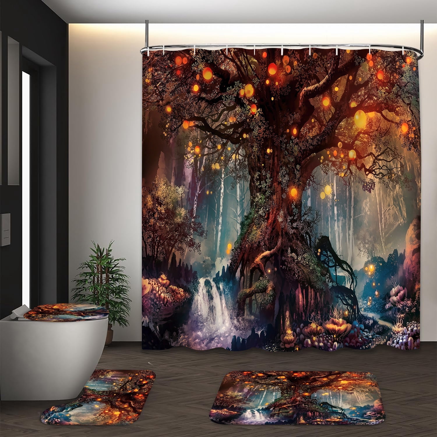 Enchanted Rug LVRLVR 1/4 Pcs Enchanted Glowing Tree Fabric Shower Curtain Rug Set ...