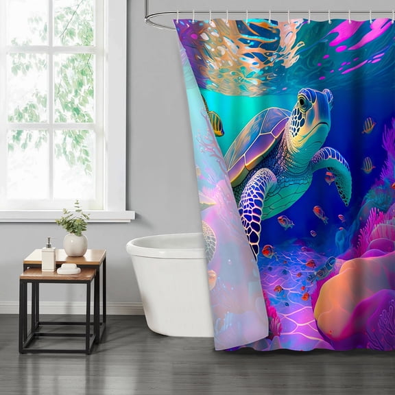 LVRLVR 1/4 Pcs Vibrant Underwater Sea Turtle Fabric Shower Curtain Rug Set - Underwater World Bath Mat Bathroom Decoration,Brown, 70.8" × 70.8"