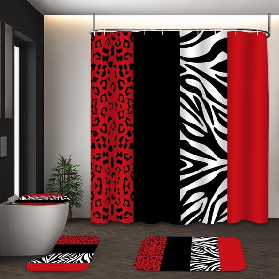 LVRLVR 1/4 Pcs Wild Animal Leopard Print Fabric Shower Curtain Rug Set - Zebra Print Bath Mat Bathroom Decoration, Red and Black, 70.8" × 70.8"