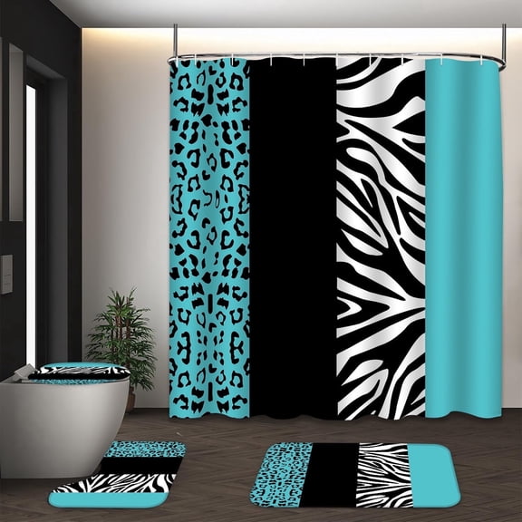 LVRLVR 1/4 Pcs Wild Animal Leopard Print Fabric Shower Curtain Rug Set - Zebra Print Bath Mat Bathroom Decoration, Turquoise and Black, 70.8" × 70.8"