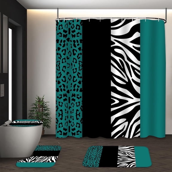 LVRLVR 1/4 Pcs Wild Animal Leopard Print Fabric Shower Curtain Rug Set - Zebra Print Bath Mat Bathroom Decoration, Green and Black, 70.8" × 70.8"