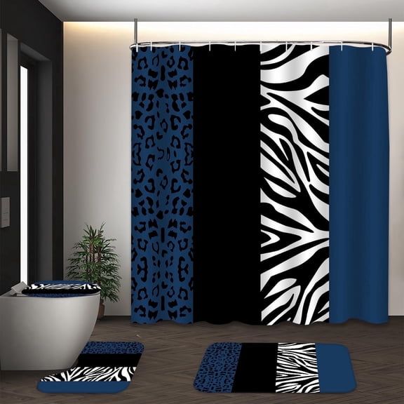 LVRLVR 1/4 Pcs Wild Animal Leopard Print Fabric Shower Curtain Rug Set - Zebra Print Bath Mat Bathroom Decoration, Dark Blue and Black, 70.8" × 70.8"