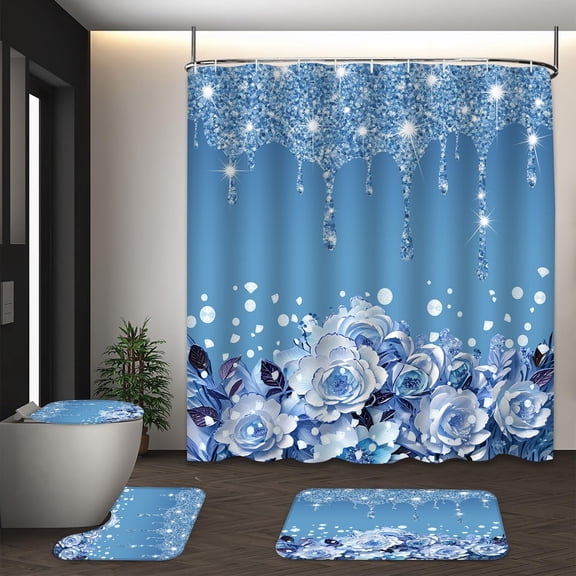 LVRLVR 1/4 Sparkling Blue Glitter & Floral Fabric Shower Curtain Rug Set - Bath Mat Bathroom Decoration,Pink, 70.8" × 70.8"