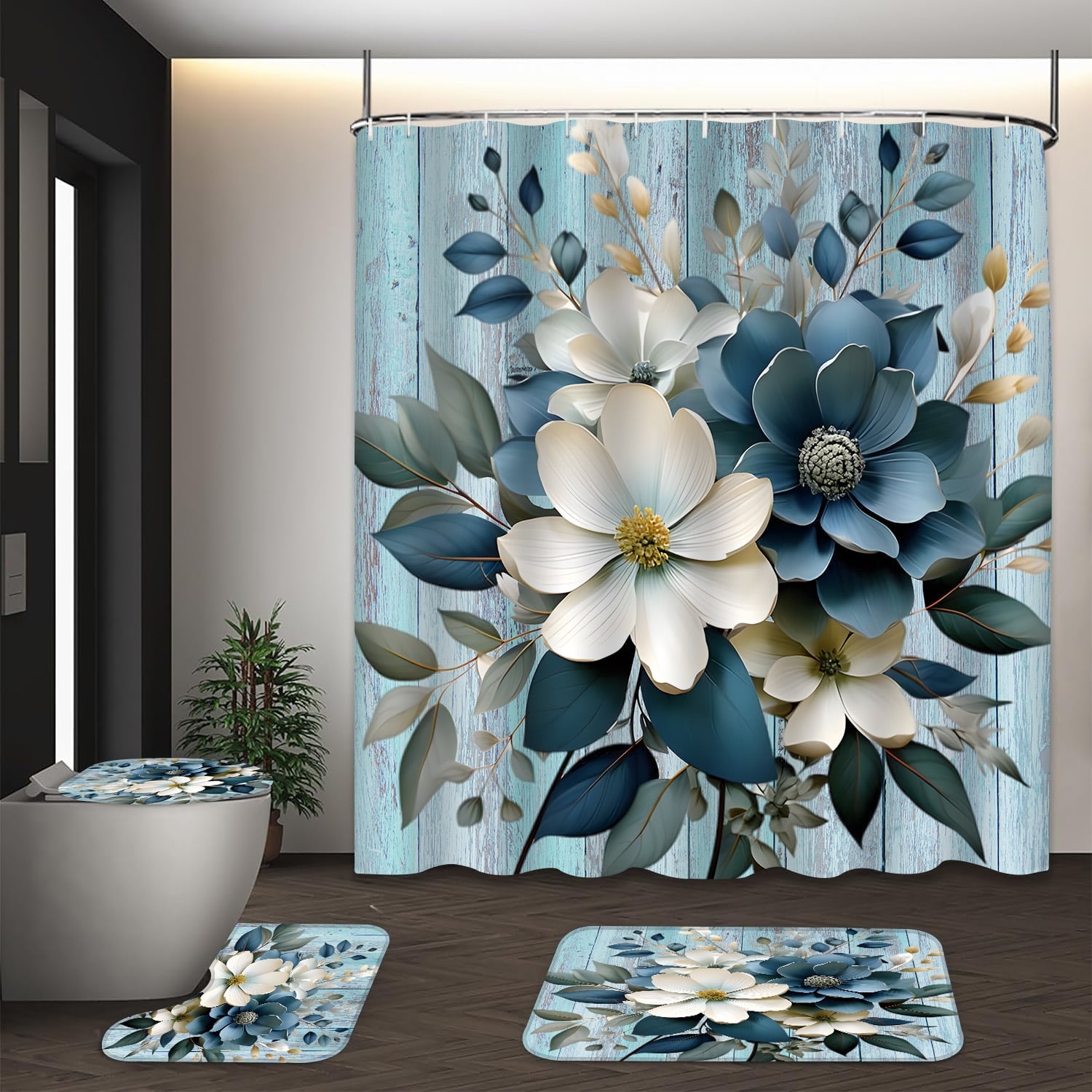 LVRLVR 1/4 Teal Floral & Distressed Blue Wood Fabric Shower Curtain Rug Set - 3D Flower Bath Mat Bathroom Decoration,Teal, 70.8" × 70.8"