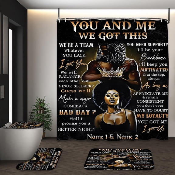 LVRLVR 1/4 "You and Me We Got This" Couples Empowerment Fabric Shower Curtain Rug Set - Black Girlr Inspirational Quotes Bath Mat Bathroom Decoration,Black, 70.8" × 70.8"