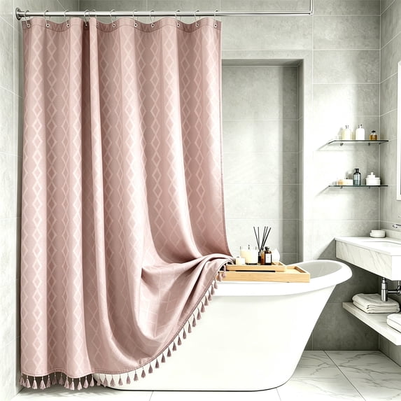 LVRLVR 1Pc Diamond Jacquard Shower Curtain Set, Heavyweight Polyester, Tassel & Hookless 2 Styles, Bathroom Curtain with Liner or Hooks