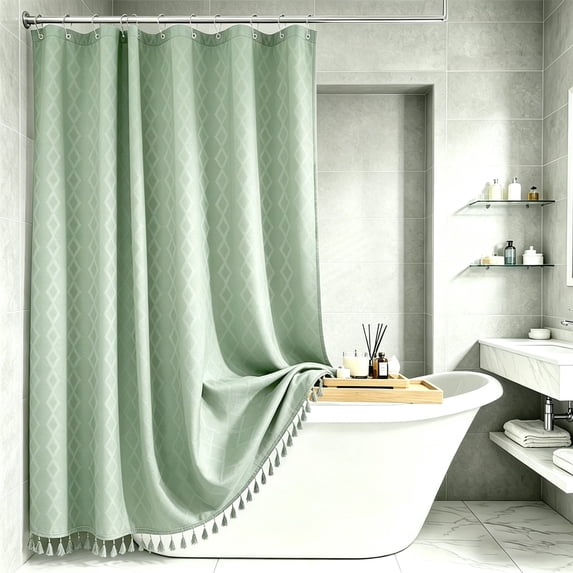 LVRLVR 1Pc Diamond Jacquard Shower Curtain Set, Heavyweight Polyester, Tassel & Hookless 2 Styles, Bathroom Curtain with Liner or Hooks