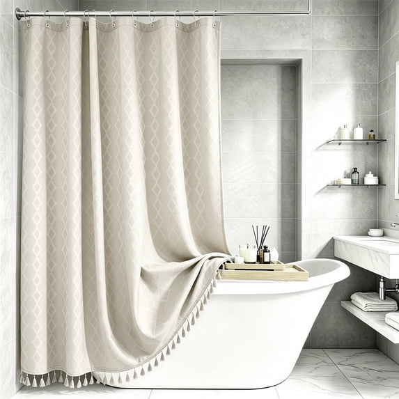 LVRLVR 1Pc Diamond Jacquard Shower Curtain Set, Heavyweight Polyester, Tassel & Hookless 2 Styles, Bathroom Curtain with Liner or Hooks