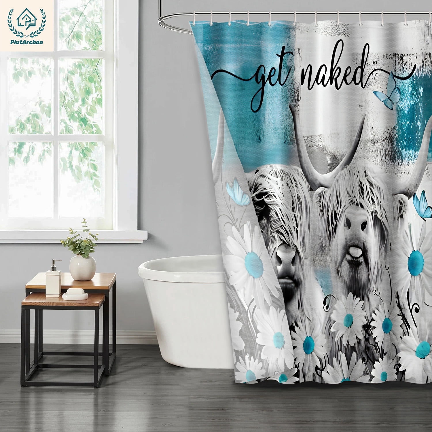 PLUTARCHON 1pc Playful Highland Cow Bathroom Set - Turquoise Fabric Shower Curtain & Rug, Get Naked Funny Modern Decor, 70.8"x70.8"