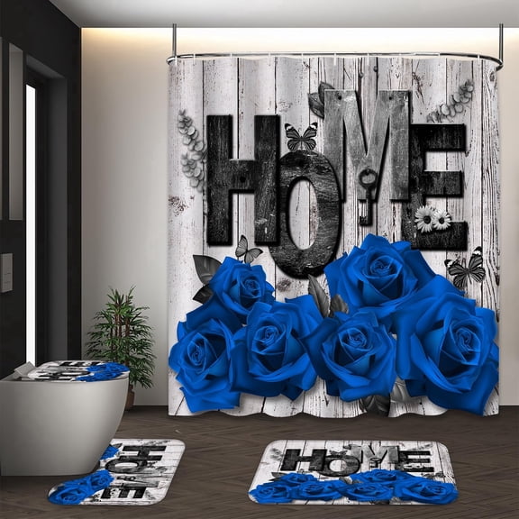 LVRLVR Distressed Wood Blue Rose HOME Print 4 Pcs Bathroom Set, Polyester Shower Curtain with High Elastic Sponge Mats & C-shaped Plastic Hooks, 70.8×70.8 Inch