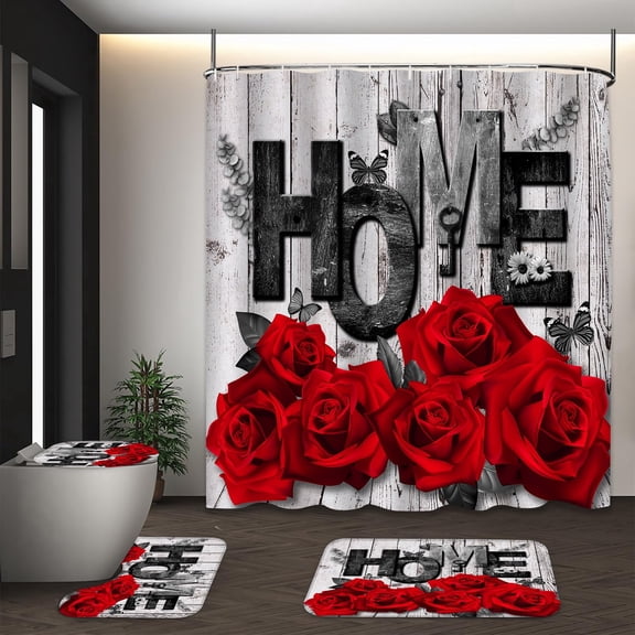 LVRLVR Distressed Wood Red Rose HOME Print 4 Pcs Bathroom Set, Polyester Shower Curtain with High Elastic Sponge Mats & C-shaped Plastic Hooks, 70.8×70.8 Inch