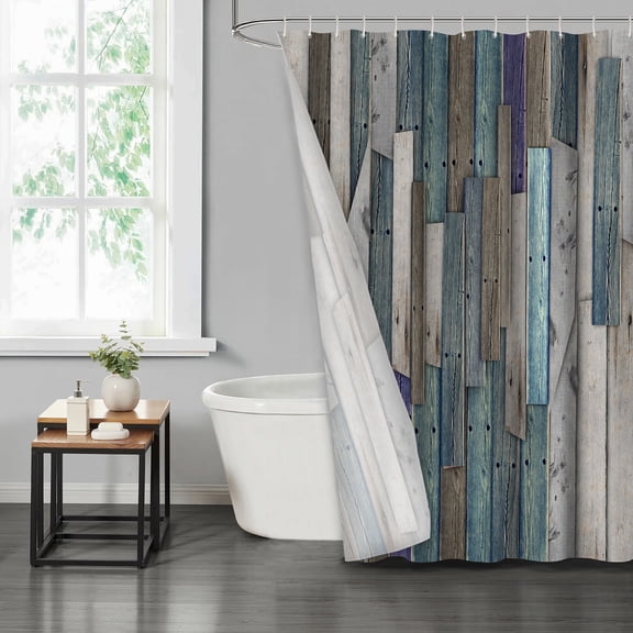 LVRLVR Retro Wooden Plank Fabric Shower Curtain - Barn Door Modern Bathroom Decoration, Gray, 70.8" x 70.8"