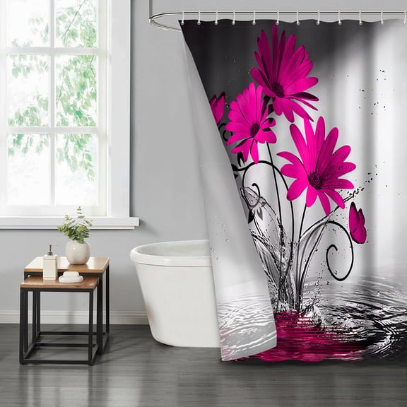 LVRLVR Turquoise Chamomile Fabric Shower Curtain - Blue Flower Modern Bathroom Decoration, Red and Pink, 70.8" x 70.8"