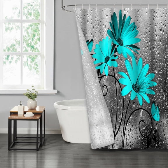 LVRLVR Turquoise Floral Fabric Shower Curtain - Blue Chamomile Modern Bathroom Decoration, Fuchsia & Purple, 70.8" x 70.8"