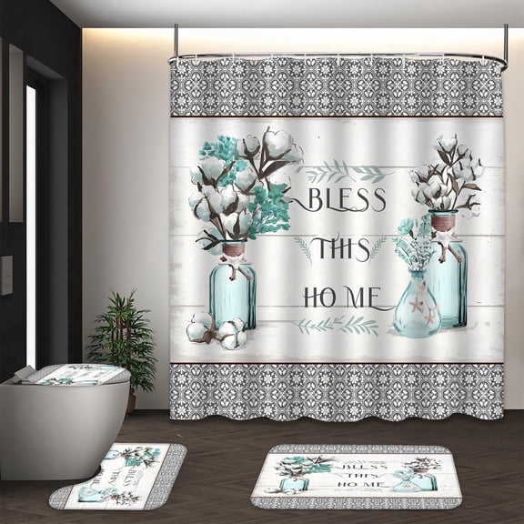 LVRLVR Vintage Glass Vase Floral Bless This Home Print 4 Pcs Bathroom Set, Polyester Shower Curtain with High Elastic Sponge Mats & C-shaped Plastic Hooks, 70.8×70.8 Inch