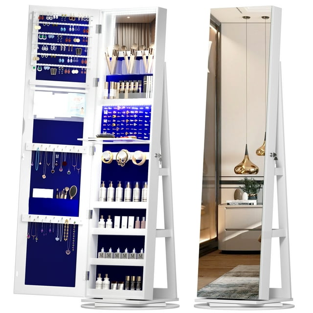 LVSOMT 360° Rotating LED Jewelry Armoire with Full Length Mirror