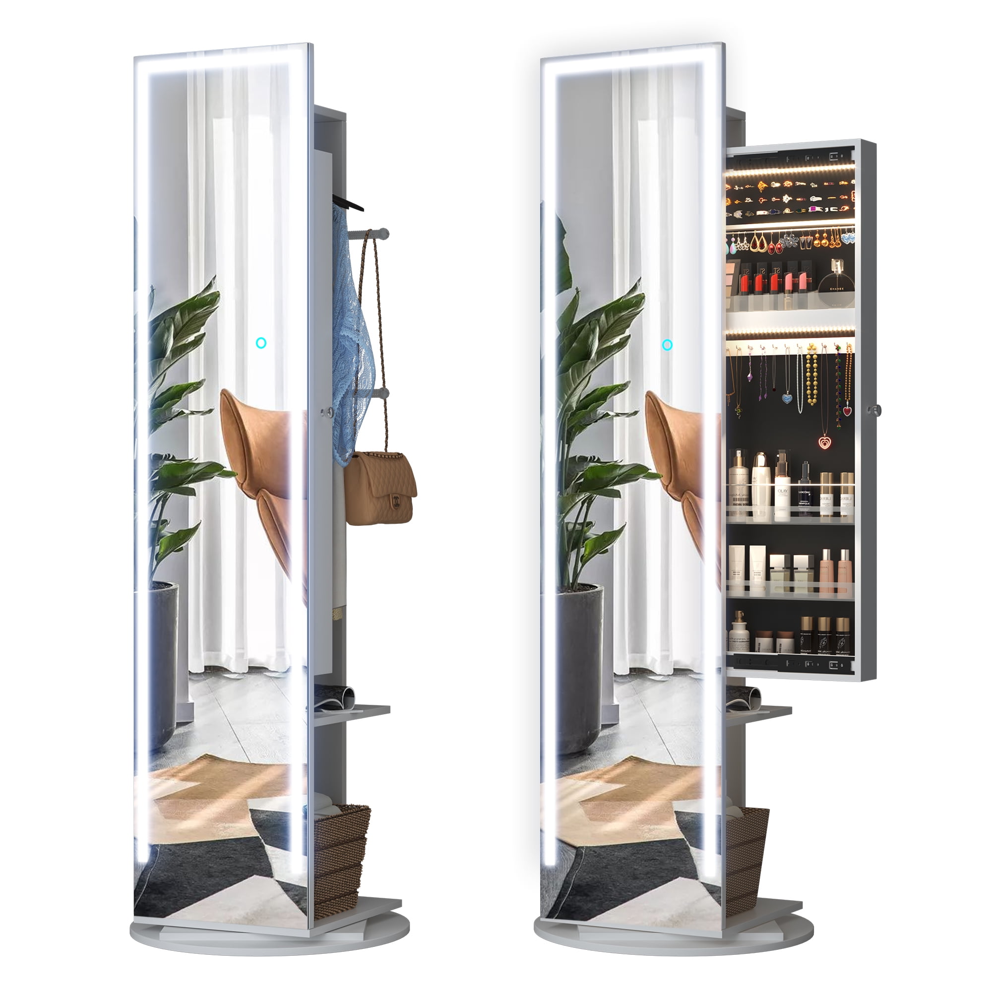 LVSOMT 360°Swivel Full-Length Mirror Jewelry Cabinet Armoire, Touch Screen Full Body Mirror with Jewelry Storage, Large Floor Jewelry Organizer for Bedroom, w/Coat Rack, Shelves(White) - Walmart.com LVSOMT 360°Swivel Full-Length Mirror Jewelry Cabinet Armoire, Touch Screen Full Body Mirror with Jewelry Storage, Large Floor Jewelry Organizer for Bedroom, w/Coat Rack, Shelves(White) - Walmart.com