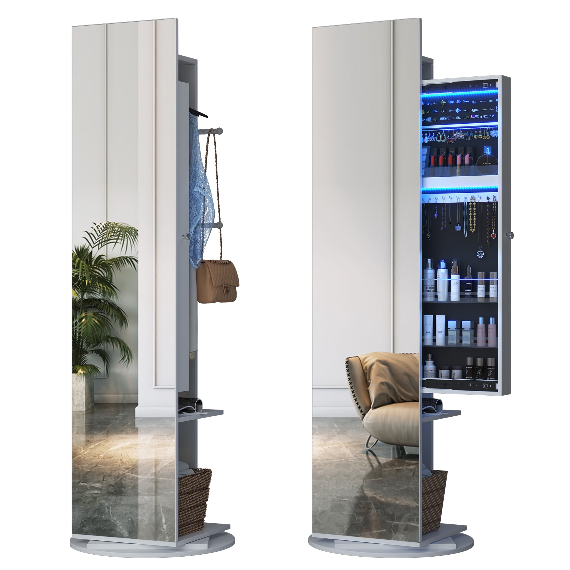 LVSOMT 360°Swivel FullLength Mirror Jewelry Armoire, White