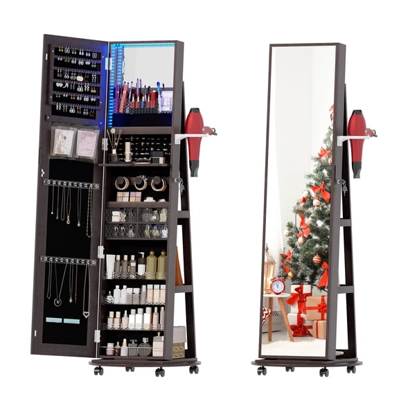 LVSOMT 360 Swivel Jewelry Armoire with Full Length Mirror - Lockable Storage Cabinet & LED Vanity, Dark Brown