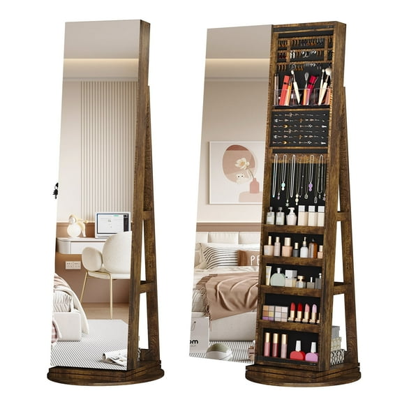 LVSOMT 63" 360° Swivel Jewelry Armoire with Full-Length Mirror, Free Standing Lockable Storage Cabinet, Rustci Brown