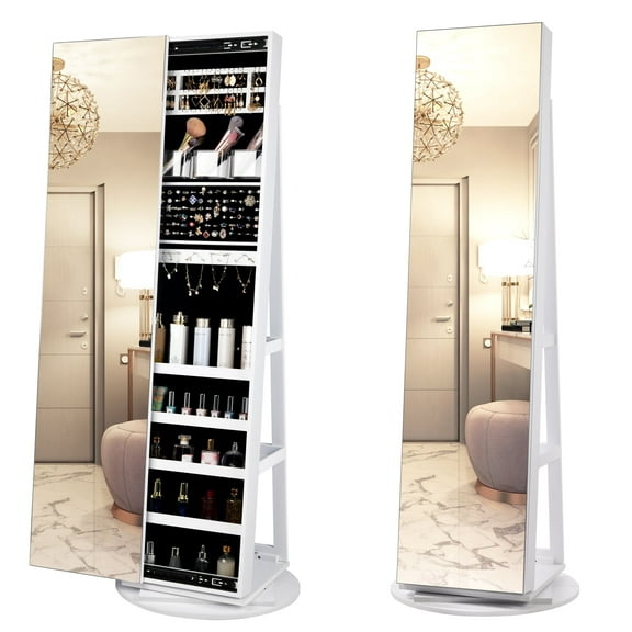LVSOMT 360° Swivel Jewelry Cabinet with Full Length Mirror, 63" Large Capacity Jewelry Organizer Armoire, Lockable Mirror with Jewelry Storage, Floor Standing Mirror, Rear Storage Shelves, White