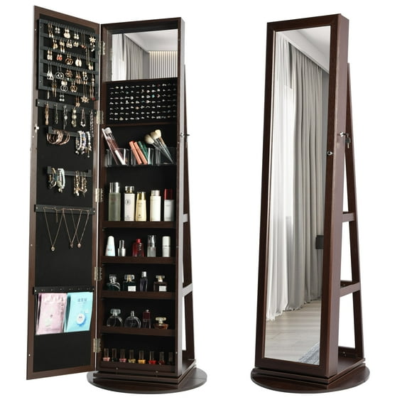 LVSOMT 360° Swivel Jewelry Cabinet with Full-Length Mirror, Lockable Jewelry Organizer, Freestanding Mirror Jewelry Armoire, Mirror with Jewelry Storage, Rear Storage Shelves, Brown