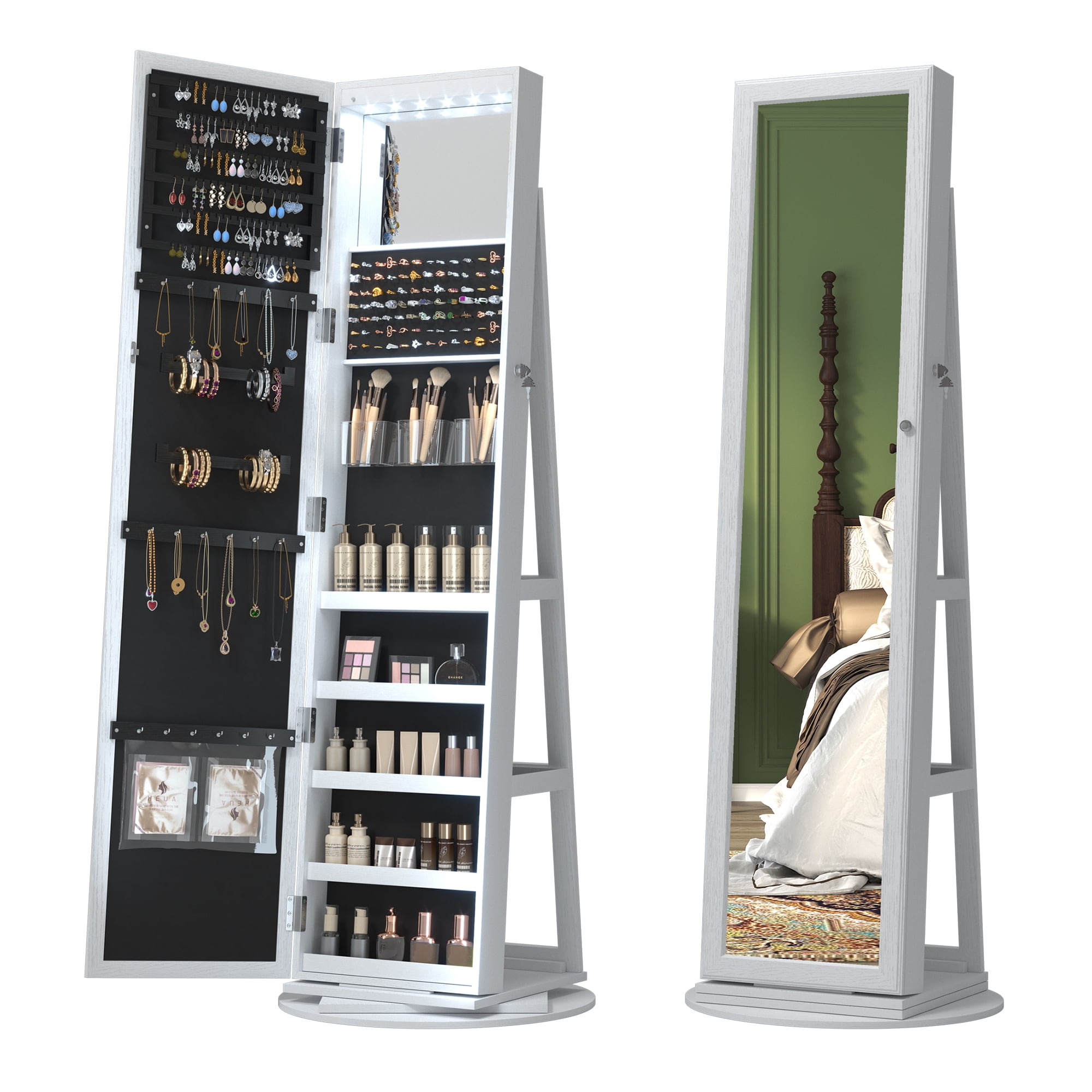 LVSOMT 360° Swivel Jewelry with FullLength Mirror, Lockable