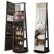 LVSOMT 360° Swivel Jewelry Cabinet,Mirror Jewelry Armoire Organizer with LED Lights, Standing Mirror With Jewelry Storage, Full Length Mirror With Storage, Brown