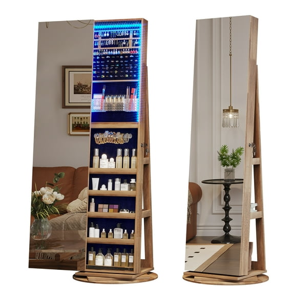 LVSOMT 360 Swivel Jewelry Mirror Cabinet with Lights, Standing Jewelry Armoire Organizer, 63" Stand Up Full Length Mirror with Jewelry Storage, Lockable with Back Storage Shelve