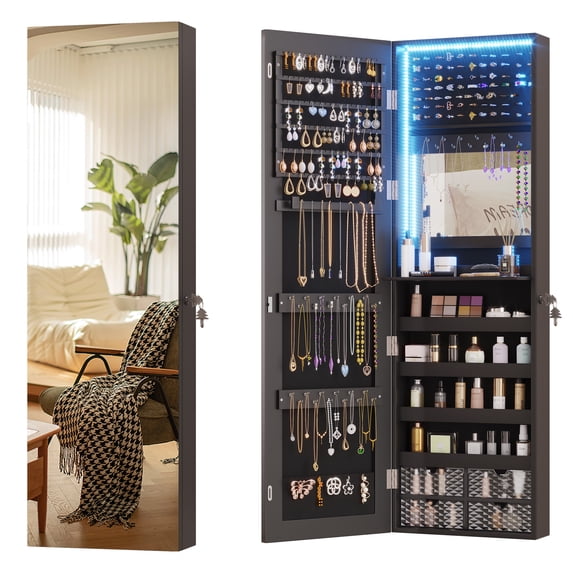 LVSOMT 47.2" LED Jewelry Mirror Cabinet, Wall/Door Mounted Jewelry Armoire Organizer with Built-in Lighted Mirror, Full Length Mirror with Storage, Black