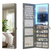 LVSOMT 47.2" LED Jewelry Mirror Cabinet, Wall/Door Mounted Jewelry Armoire Organizer with Built-in Lighted Mirror, Full Length Mirror with Storage, Gray