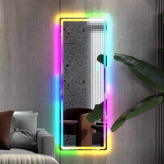 LVSOMT 55"x20" RGB LED Mirror, Full Length Mirror with Lights, Wall Mounted Hanging Mirror, Full Body Lighted Mirror for Bedroom Living Room Locker Room Bathroom, Aluminium Alloy (Black)