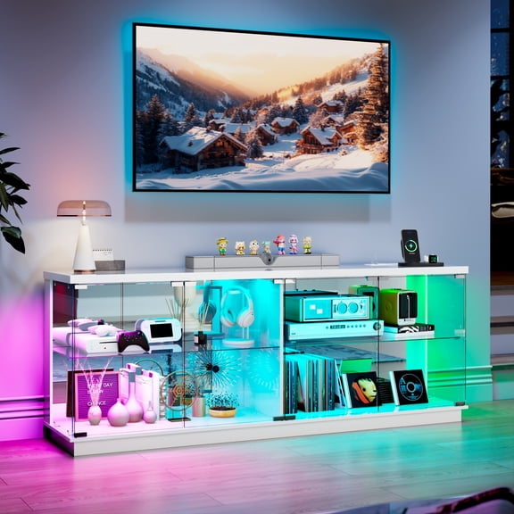 LVSOMT 59" W Large Glass TV Stands with Charging Station for Ling Room,Display Cabinet TV Console with RGB LED Lights,Lighted Curio Cabinet with Motion Sensor Light,White