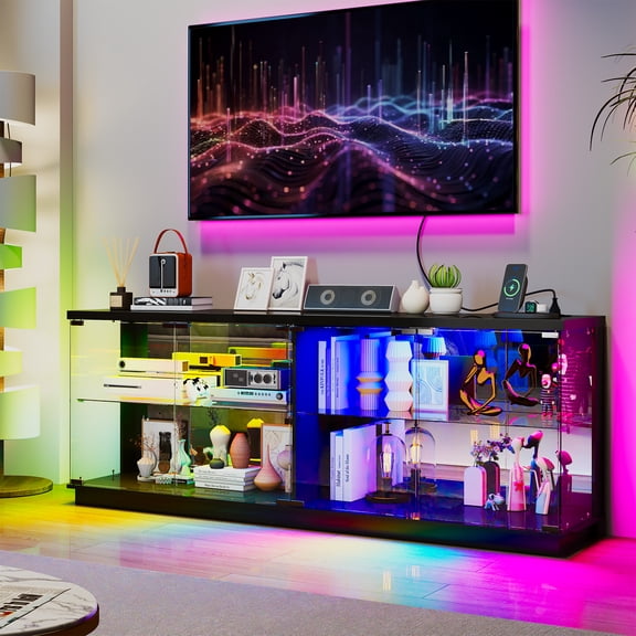 LVSOMT 59" W Large Glass TV Stands with Charging Station for Ling Room,Display Cabinet TV Console with RGB LED Lights,Lighted Curio Cabinet with Motion Sensor Light