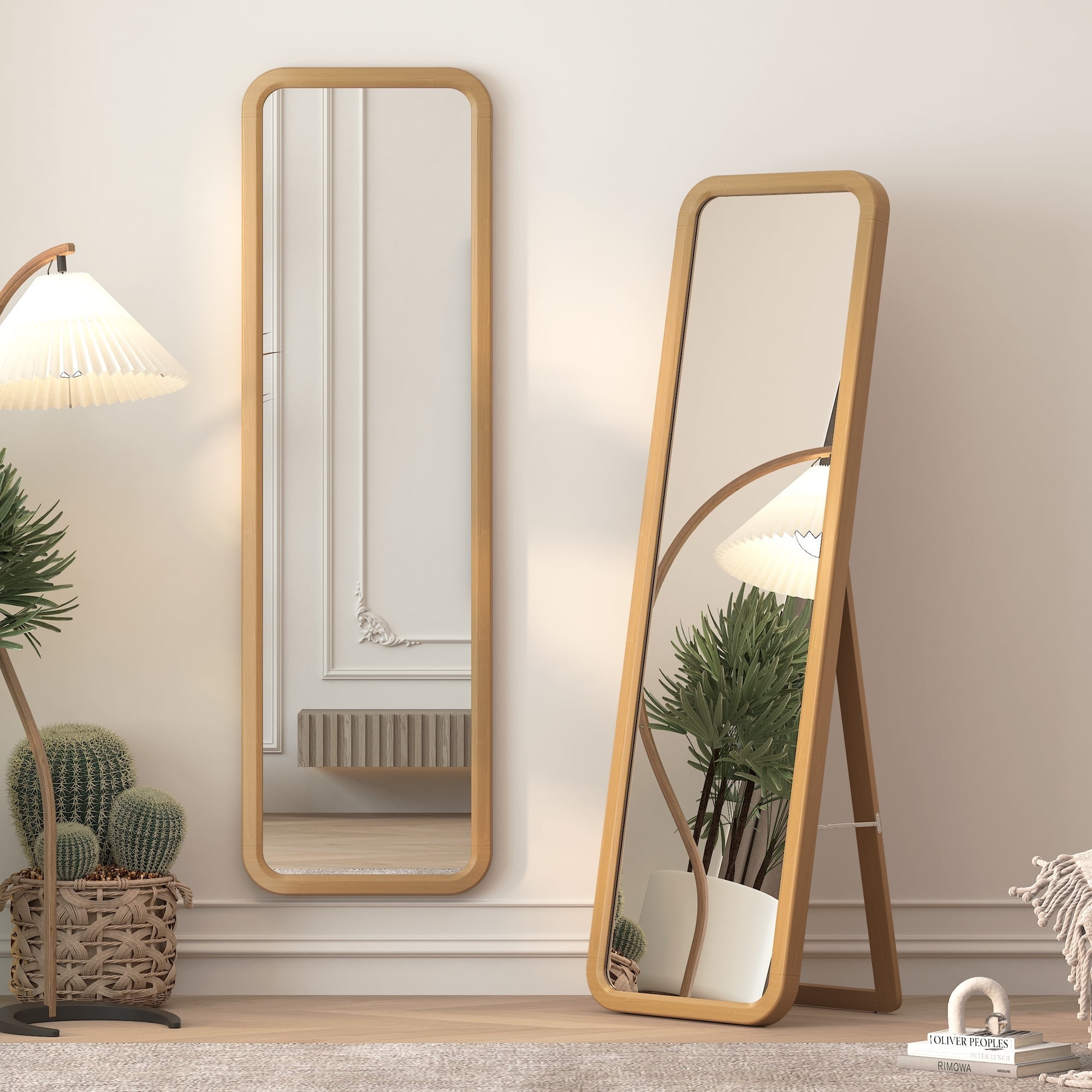 "LVSOMT 63""×18"" Full Length Wooden Mirror, Round Corner, Modern Standing Mirror for Bedroom