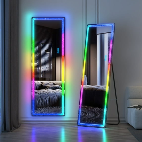 LVSOMT 63"x20" Full Length LED Mirror with RGB Lights, Free Standing Floor Mirror, Full Body Lighted Mirror, Wall-Mounted Mirror, Dimmable Color-Changing Lighting, Black